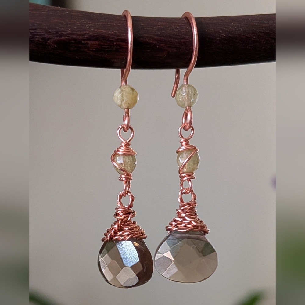 Smokey Quartz Earrings Green Garnet Accents Dangle Drop Artisan Handmade - Picture 11 of 12